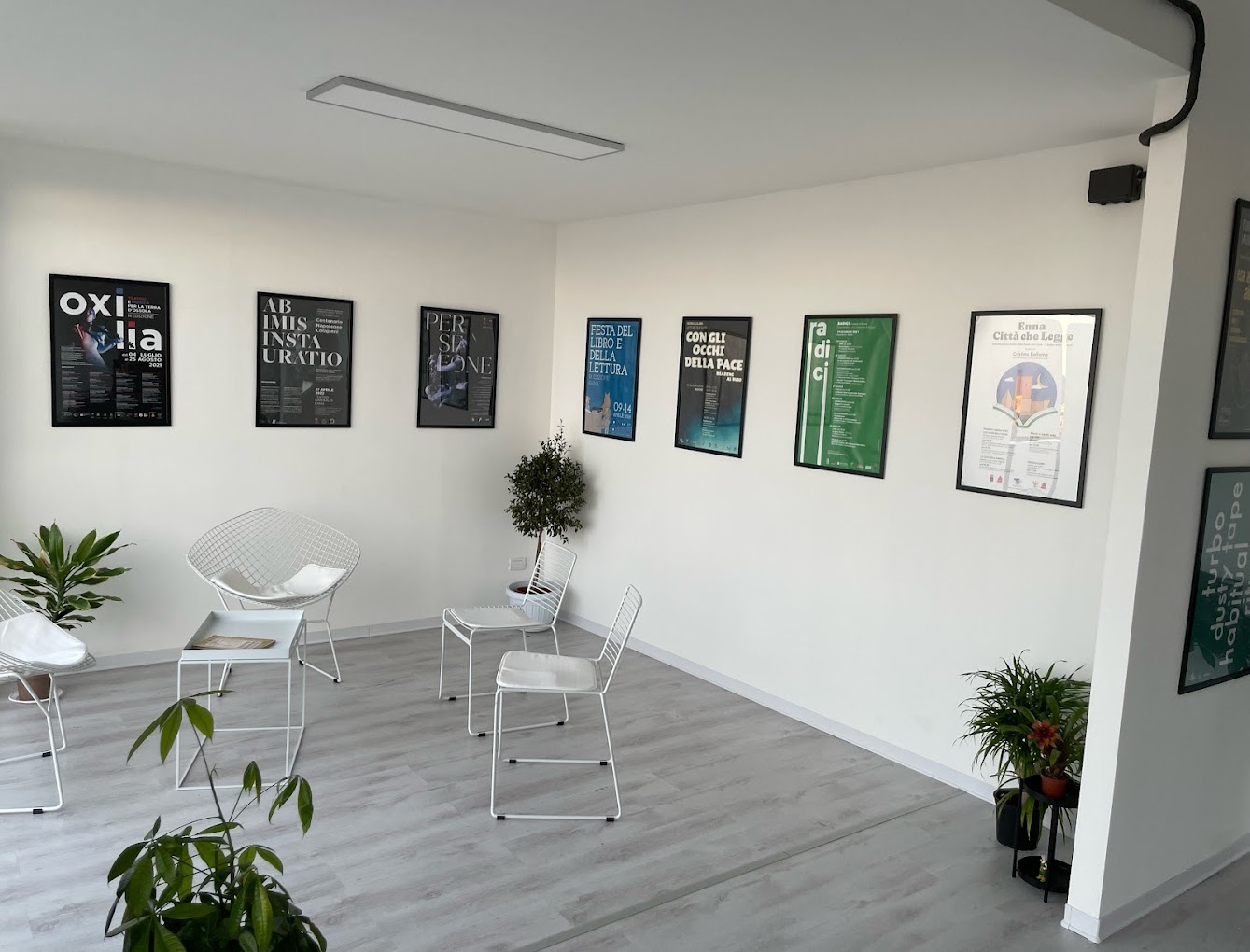 Sala d'attesa moderna con sedie in metallo bianco, piante e pareti decorate con manifesti incorniciati di eventi culturali e musicali. Pavimento in legno chiaro e illuminazione minimalista.